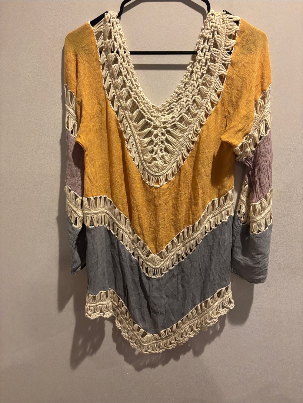 Boho Crochet-Trim Colorblock V-Neck Tunic - Mustard, Gray, Mauve (measures Med)